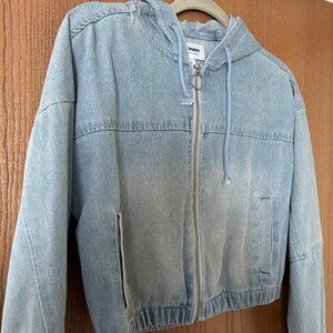 Oversized cropped denim bomber jacket with hood. Size small